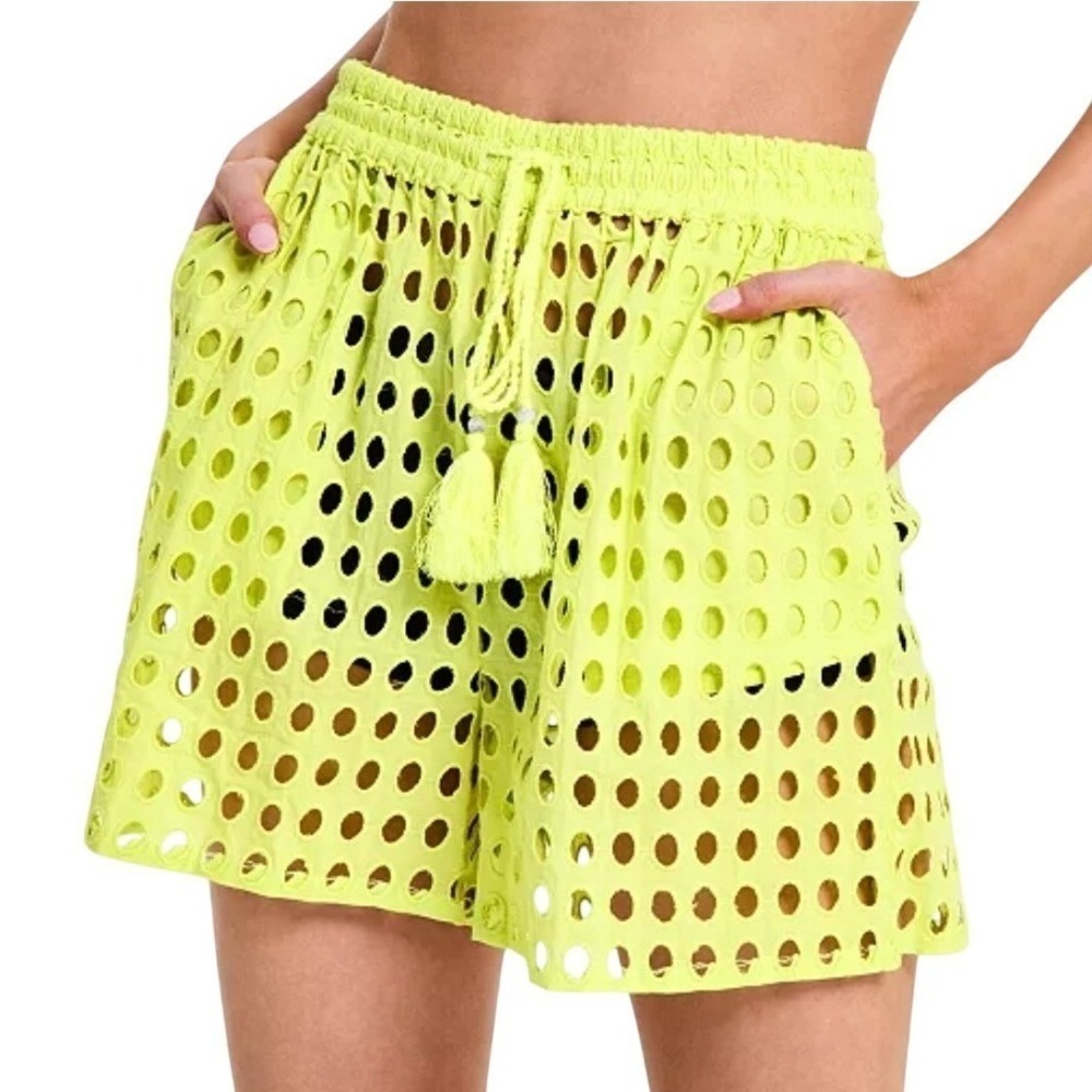 Dotti Women Citrine Yellow Eyelet Cotton‎ Beach Cover Up Shorts NWT Small